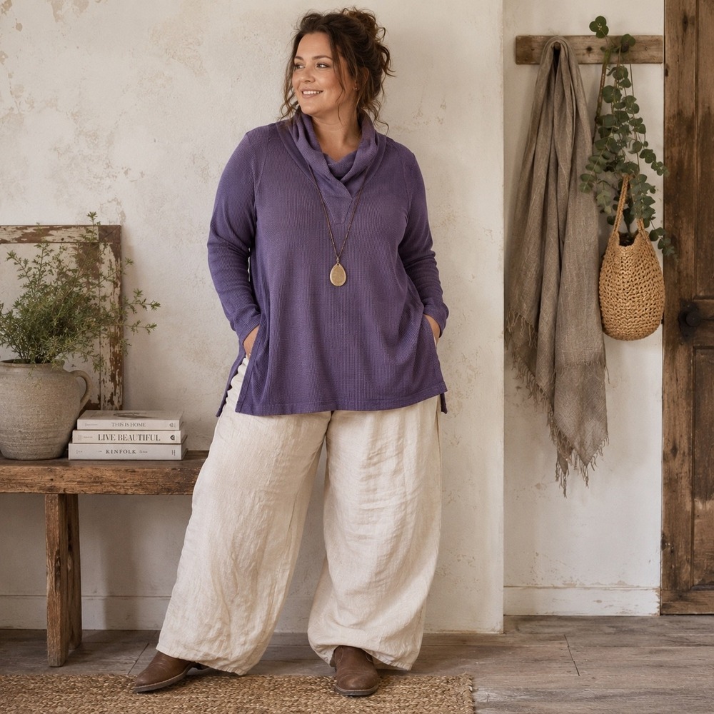 Roaman's Purple Waffle Knit Cowl Neck Sweater Plus Size 18/20‎ Lagenlook Cozy